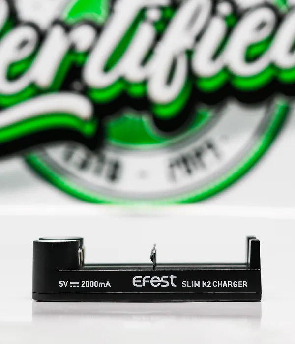 Front edge of the Efest SLIM K2 printed with the Efest logo, SLIM K2 CHARGER and a 5V 2000mA rating