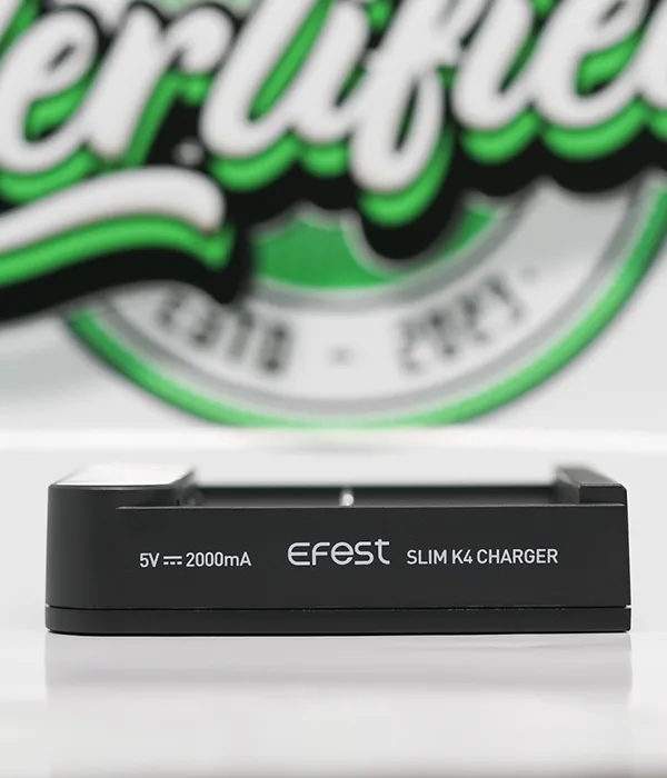Front face of the Efest SLIM K4 printed with the Efest logo, SLIM K4 CHARGER and a 5V 2000mA input rating