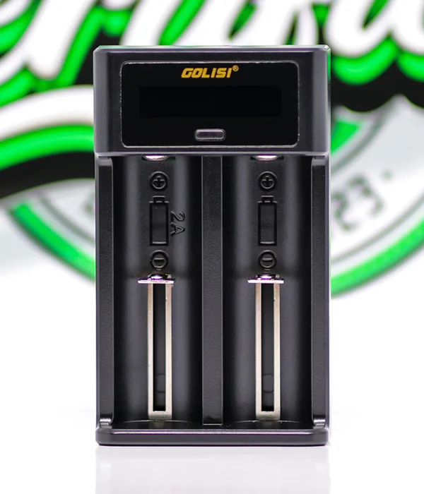 Overhead view of the Golisi i2 showing two empty battery bays with sprung silver contacts and the black LCD panel