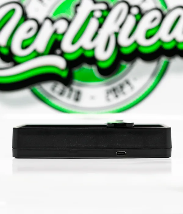 Side view of the slim black Efest iMate R4 charger showing the USB power input port on its long edge