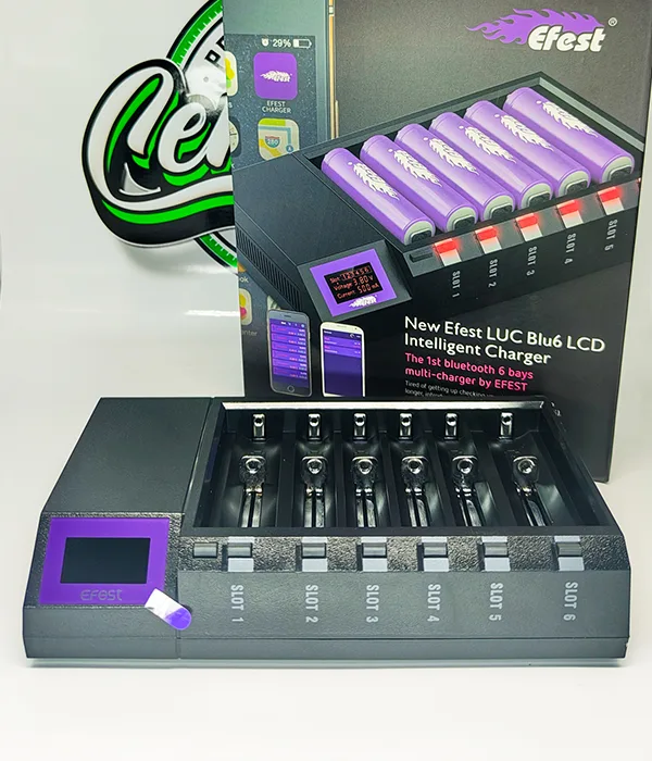 Efest LUC Blu6 six-bay charger with purple display standing in front of its retail box showing LUC Blu6 branding