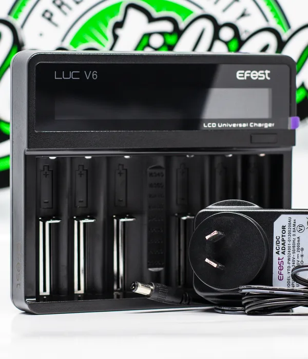 Efest LUC V6 charger beside a black Efest AC/DC adapter with Australian pins and an attached DC lead