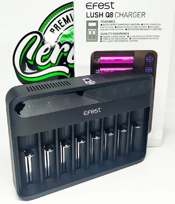 Efest LUSH Q8 eight-bay charger in front of its retail box listing features, with purple 18650 batteries