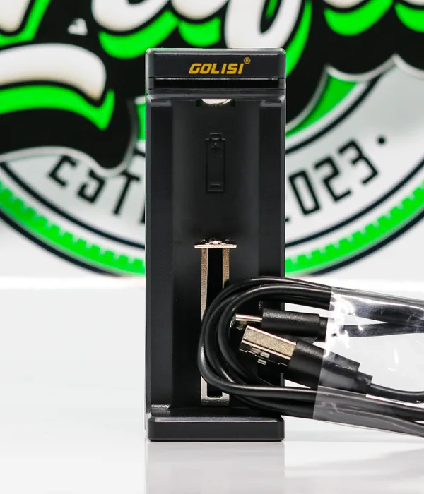 Black Golisi Needle 1 charger pictured with a coiled black USB charging cable beside it