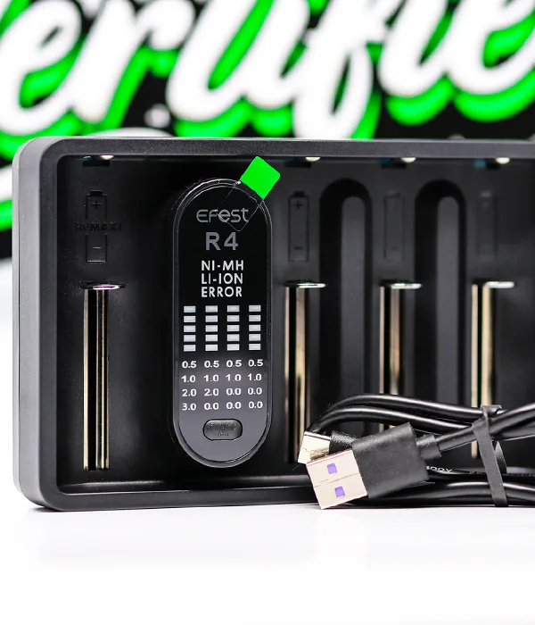 Angled view of the black Efest iMate R4 with a USB cable and USB-A plug resting across its four empty battery bays
