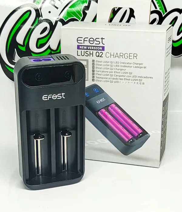 Efest LUSH Q2 two-bay charger standing in front of its LUSH Q2 retail box with purple Efest 18650 batteries