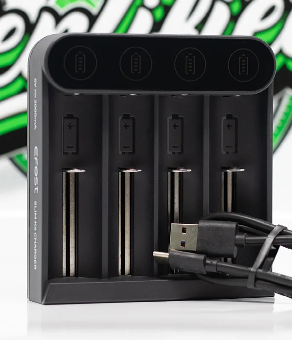 Efest SLIM K4 four-bay charger with all bays empty and a black USB-C charging cable coiled in front