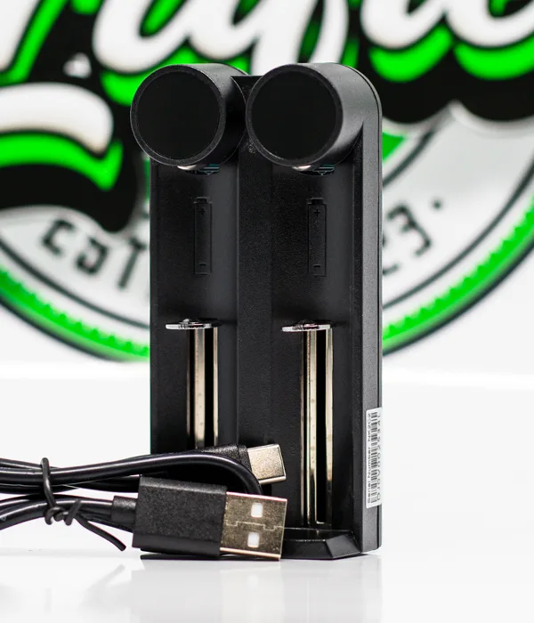 Efest SLIM K2 two-bay charger with both bays empty and a black USB-A charging cable coiled in front