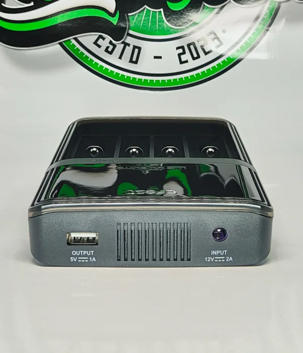 Rear panel of the Efest LUC V4 Elite with a USB-A output marked 5V 1A, ventilation slots and a DC input marked 12V 2A