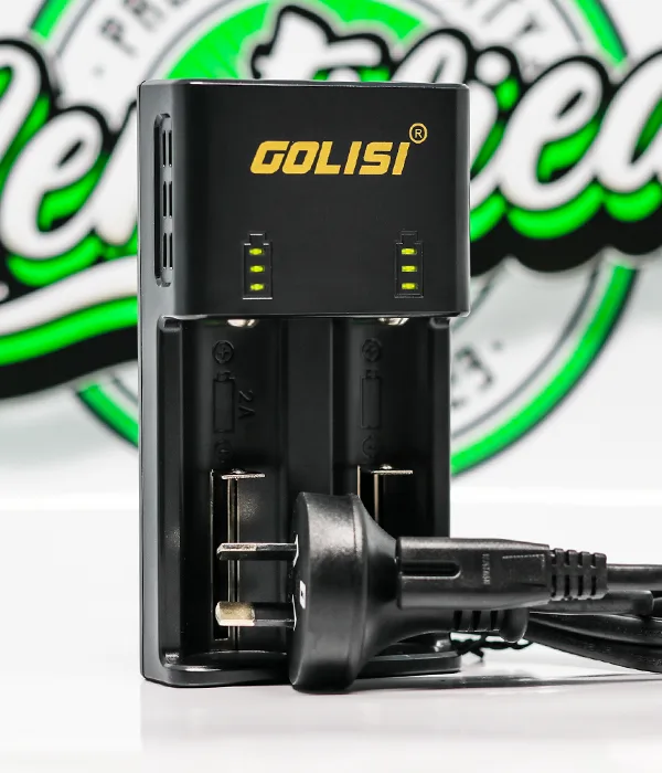 Golisi O2 charger with a black figure-8 power lead curled in front of its two empty charging bays