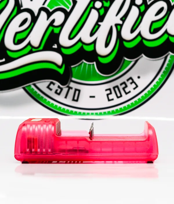 Low angle side view of the hot pink Nitecore Q4 charger showing an empty bay with its spring-loaded sliding contact