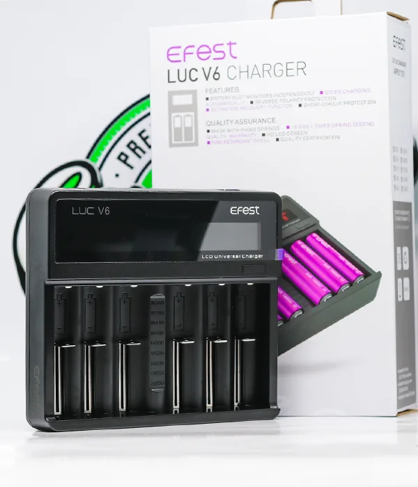 Efest LUC V6 six-bay charger standing in front of its white retail box printed Efest LUC V6 Charger