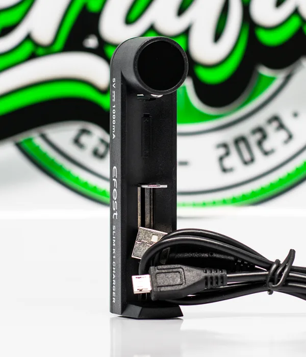 Black Efest SLIM K1 charger standing upright beside a coiled Micro-USB charging cable