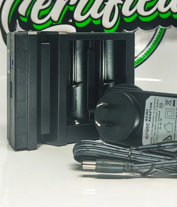 Efest LUC S2 charger standing beside a black Efest AC/DC adapter with Australian pins and a DC lead