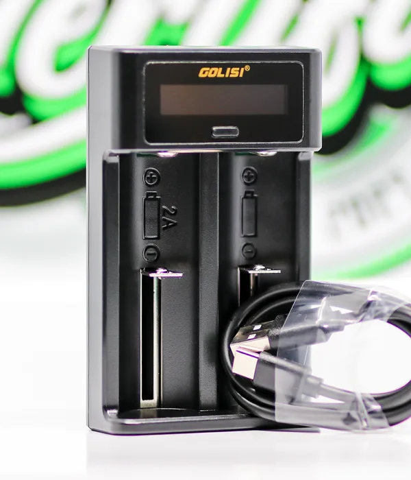 Angled front view of the Golisi i2 with both bays empty, the 2A slot marking visible and a coiled black USB cable