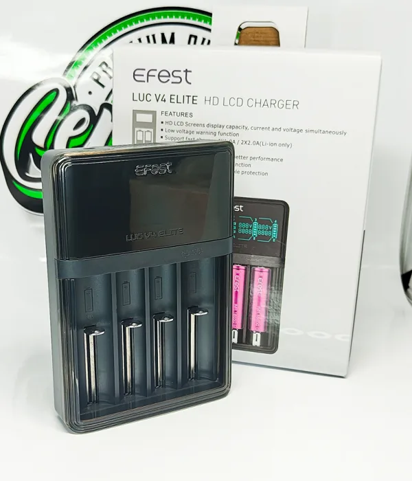 Efest LUC V4 Elite four-bay charger in front of its white retail box printed LUC V4 Elite HD LCD Charger