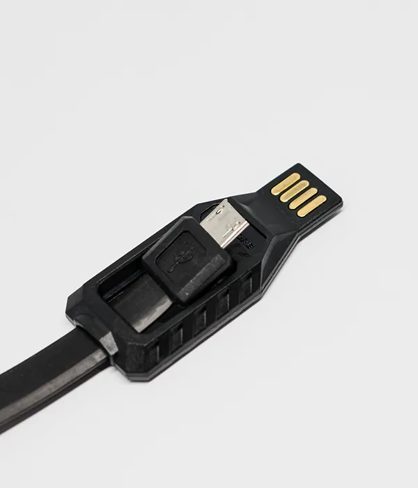 Reverse of the LC10 connector head showing a black Micro-USB tip folded out next to the flat USB-A plug
