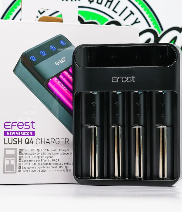 Efest LUSH Q4 four-bay charger beside its retail box printed with product artwork and purple 18650 batteries